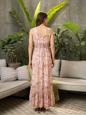 Beige Floral Sleeveless Maxi Dress-SFDRSS12726