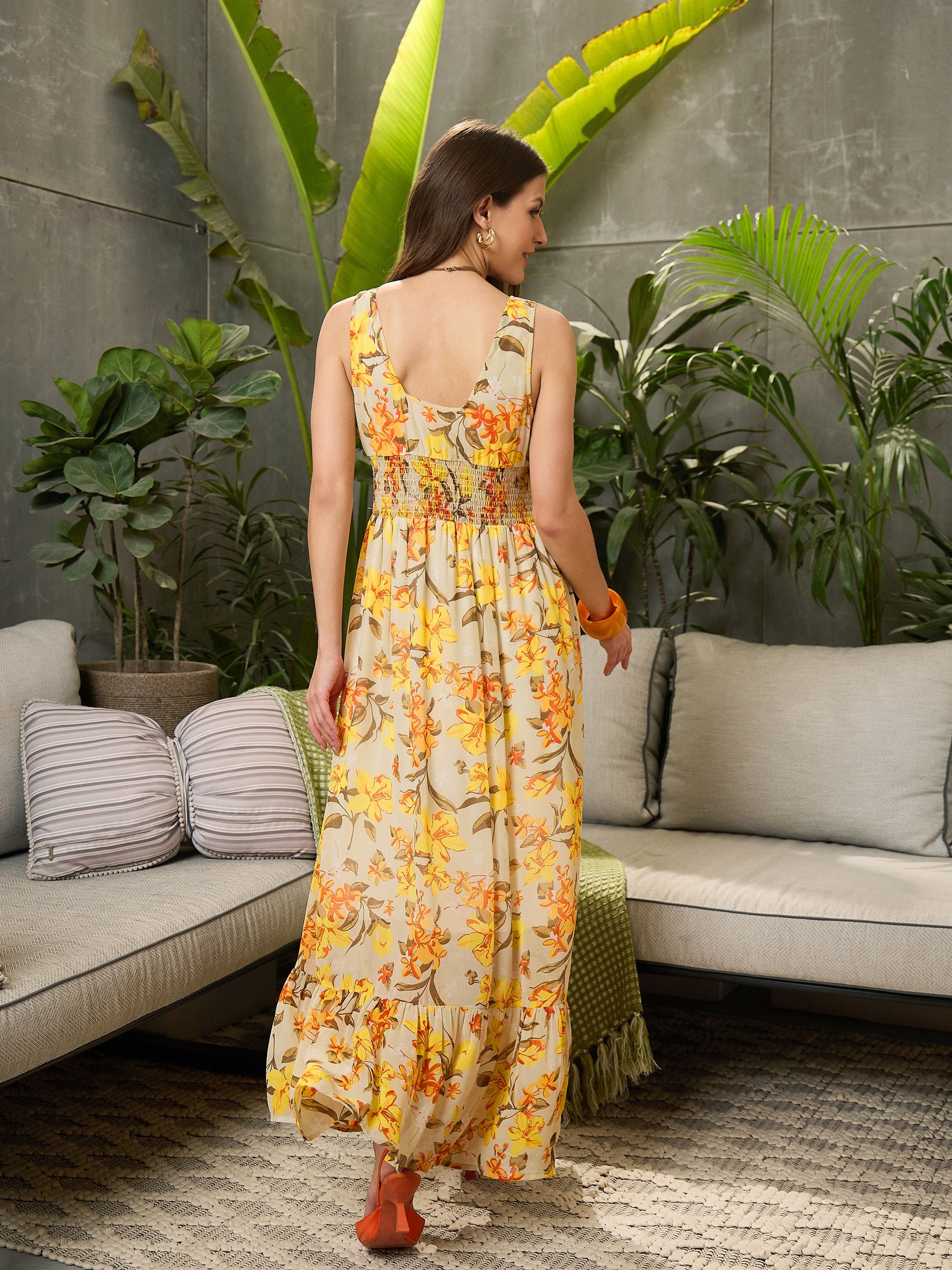 Yellow Floral Sleeveless Maxi Dress-SFDRSS12727