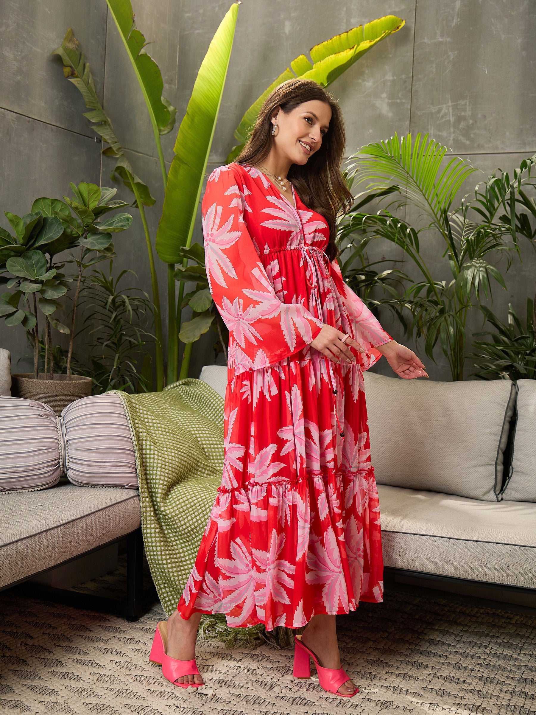 red floral tiered dress Cherry Pink Floral Long Sleeve Midi Dress - All Dresses