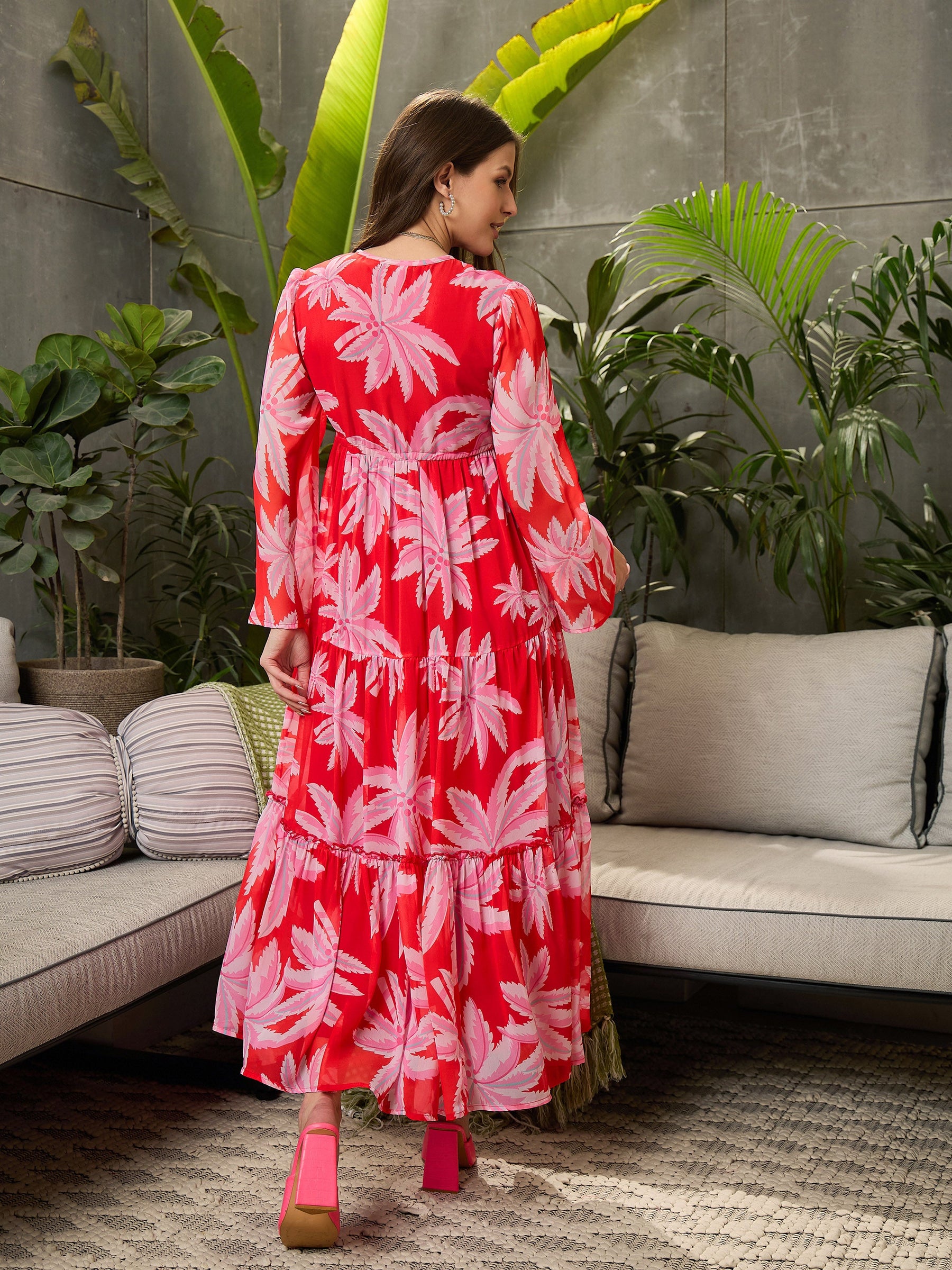 Red Floral Tiered Maxi Dress-SFDRSS12730