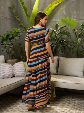 Yellow Multi Stripes Front Ring Maxi Dress-SFDRSS12735