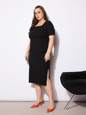 Black Rib Square Neck Short Sleeves Midi Dress-SASSAFRAS Curve