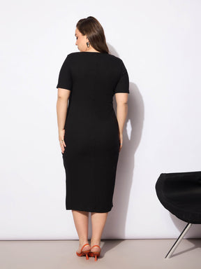 Black Rib Square Neck Short Sleeves Midi Dress-SASSAFRAS Curve