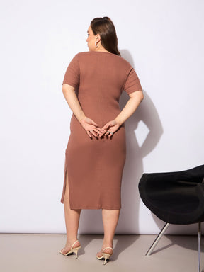 Brown Rib Square Neck Short Sleeve Midi Dress-SASSAFRAS Curve