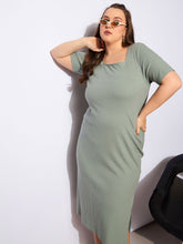 Green Rib Square Neck Short Sleeves Midi Dress-SASSAFRAS Curve