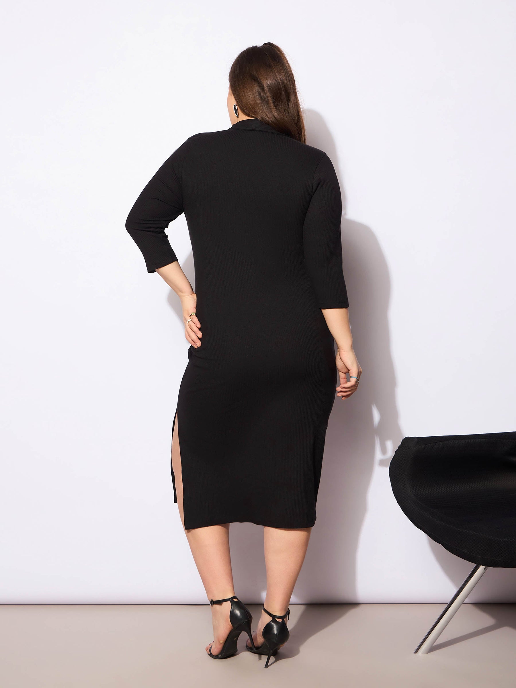 Black Rib Collar Neck Front Button Midi Dress-SASSAFRAS Curve