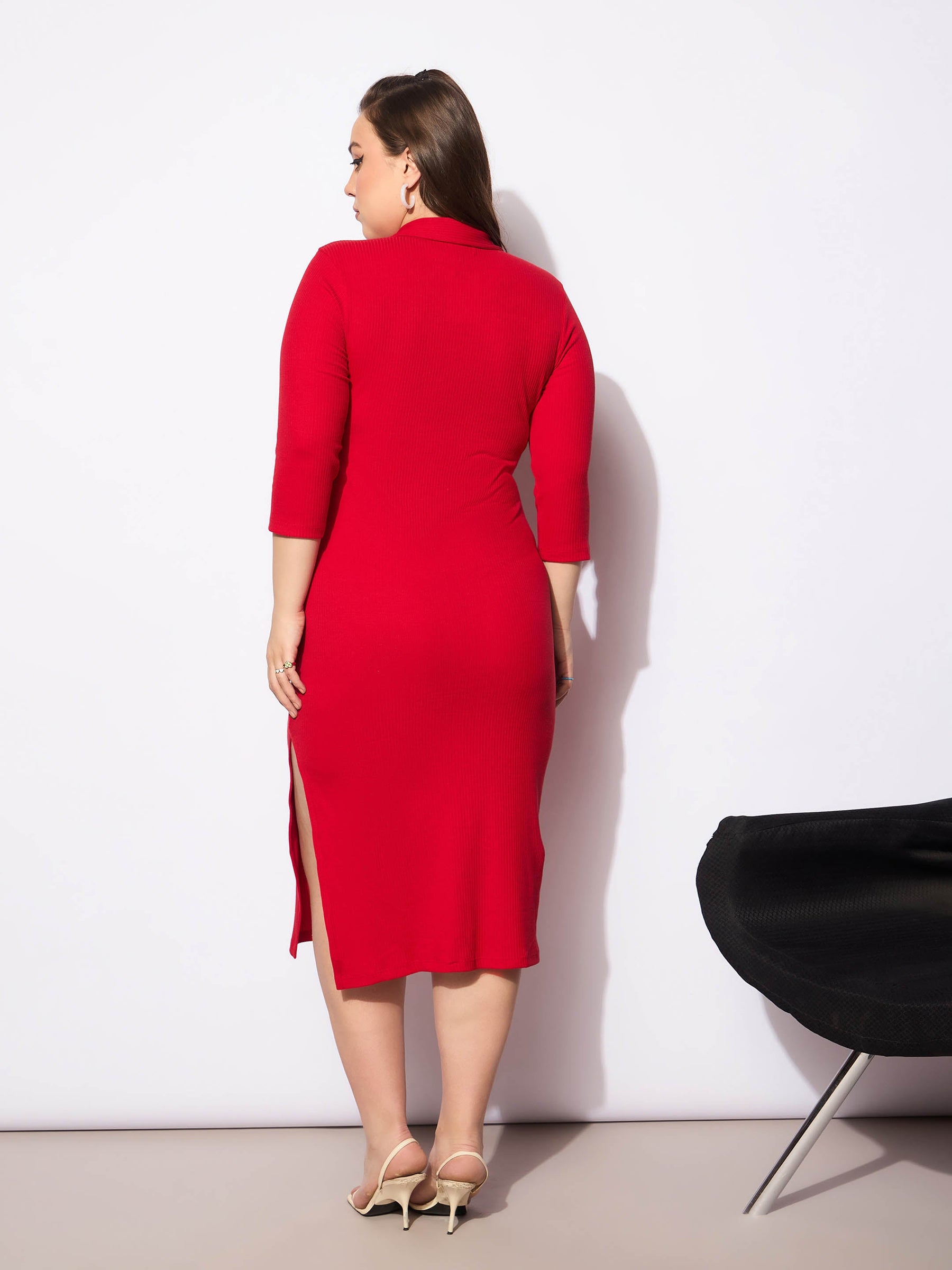 Red Rib Collar Neck Front Button Midi Dress-SASSAFRAS Curve