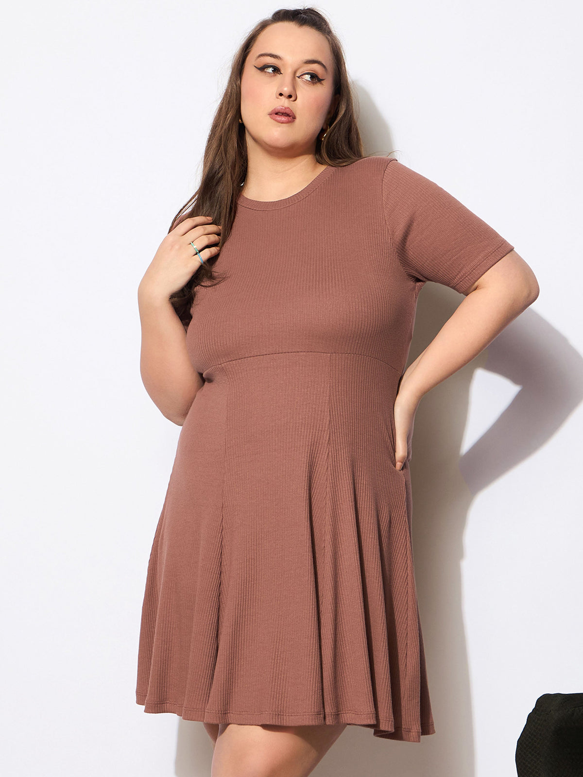 Brown Rib Below Knee Skater Dress-SASSAFRAS Curve