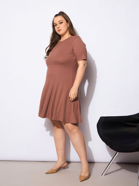 Brown Rib Below Knee Skater Dress-SASSAFRAS Curve