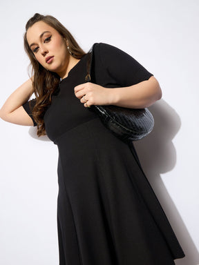 Black Rib Below Knee Skater Dress-SASSAFRAS Curve