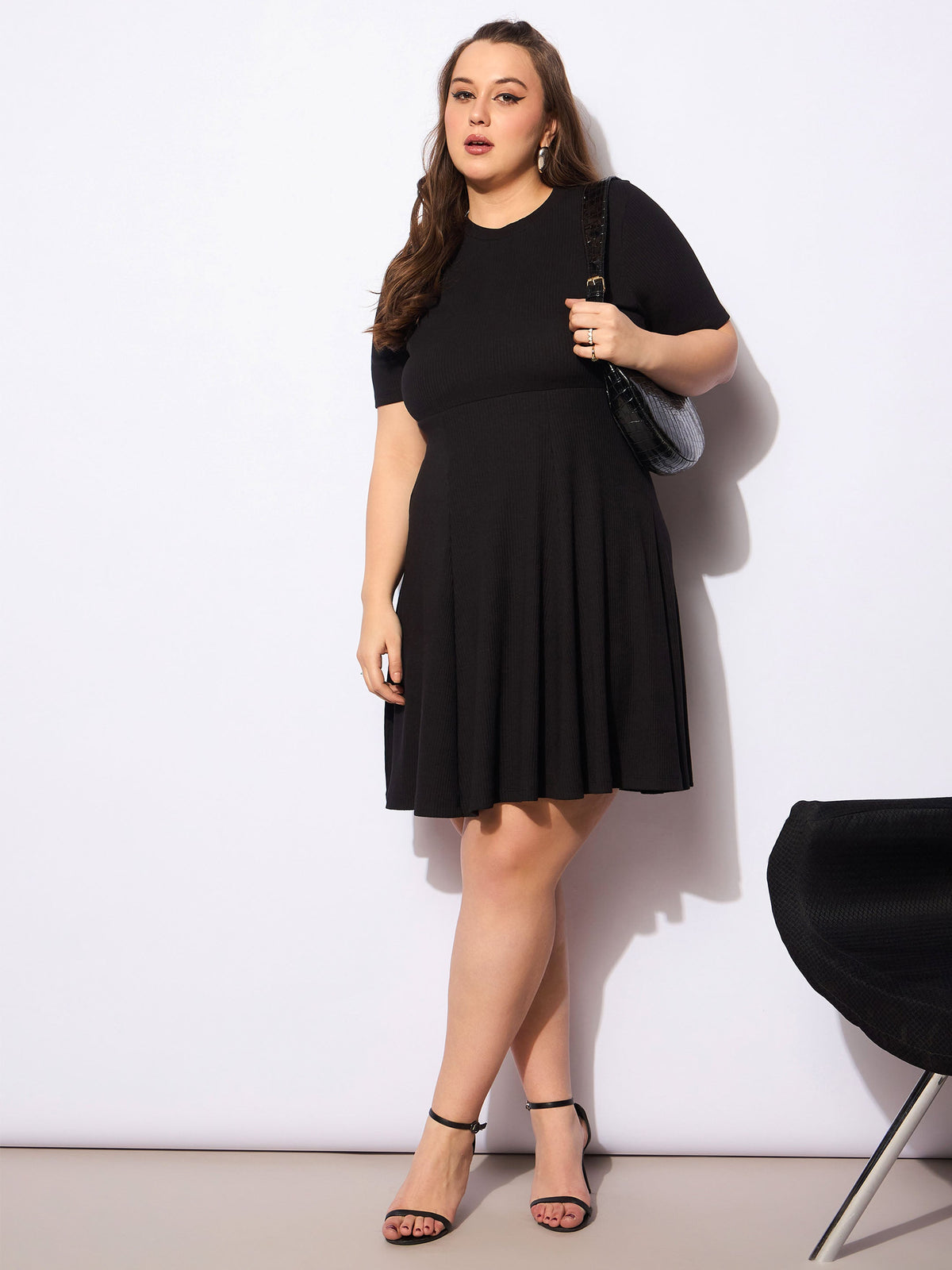 Black Rib Below Knee Skater Dress-SASSAFRAS Curve