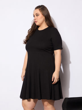 Black Rib Below Knee Skater Dress-SASSAFRAS Curve