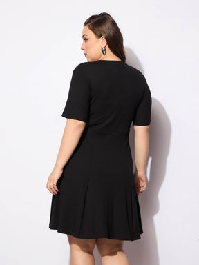 Black Rib Below Knee Skater Dress-SASSAFRAS Curve