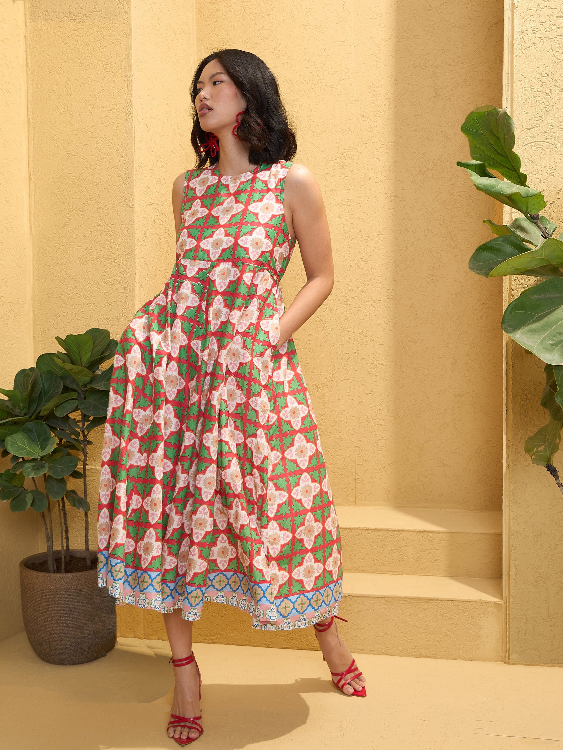 Red Floral Round Neck Sleeveless Midi Dress-Pink Paprika By SASSAFRAS