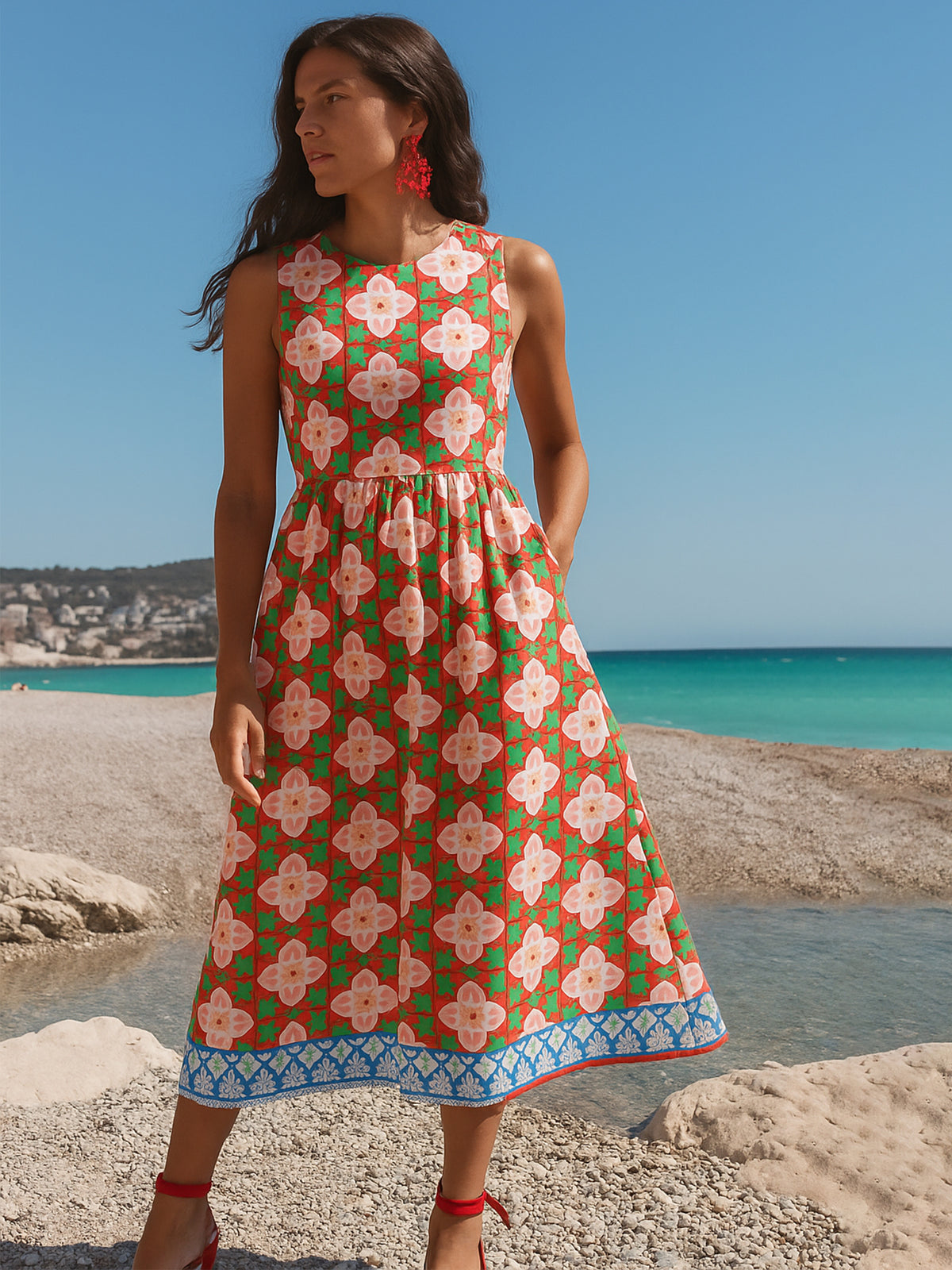 Women Red Floral Round Neck Sleeveless Midi Dress