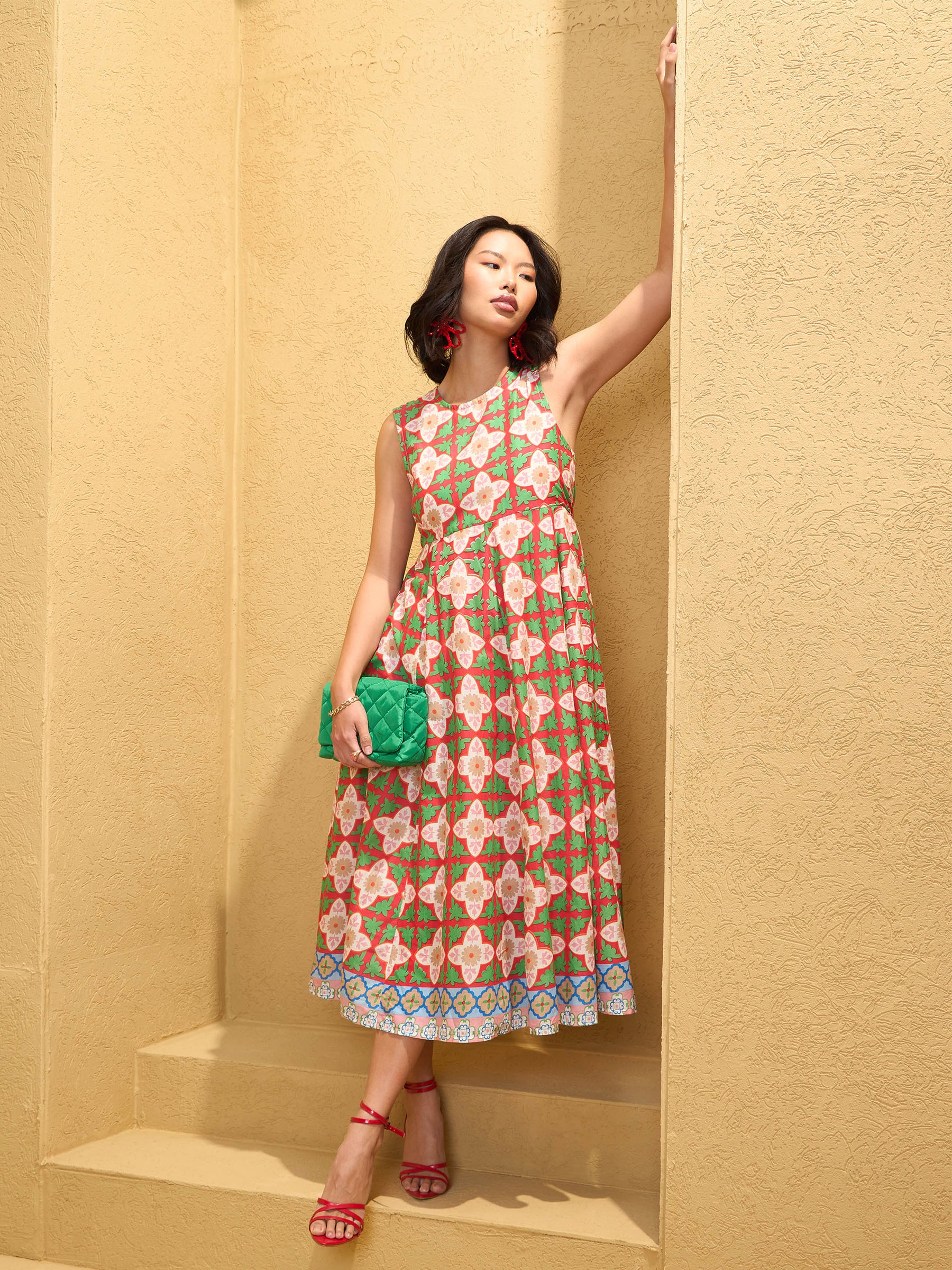 Red Floral Round Neck Sleeveless Midi Dress-Pink Paprika By SASSAFRAS