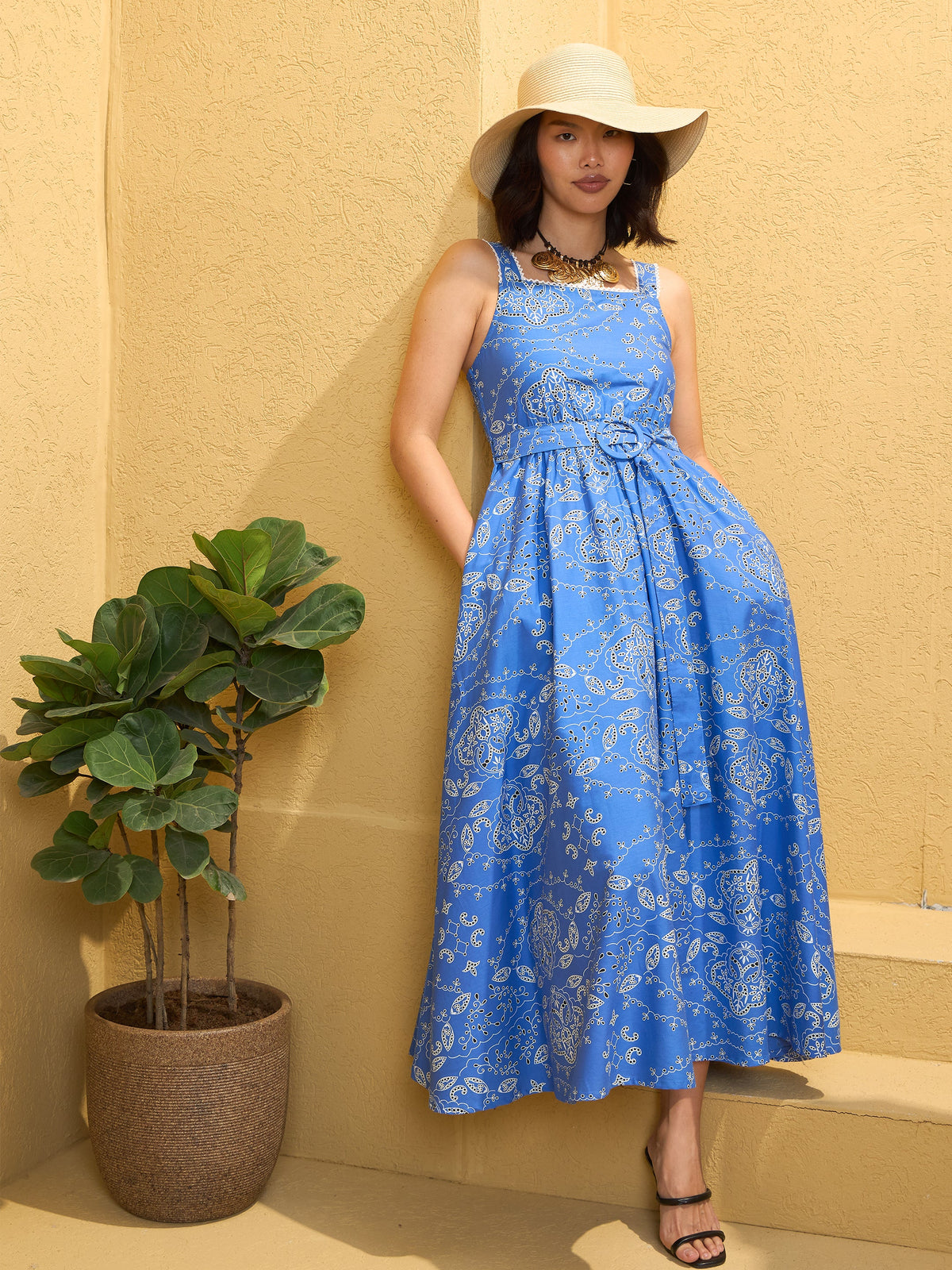 Blue Floral Strappy Midi Dress-Pink Paprika By SASSAFRAS