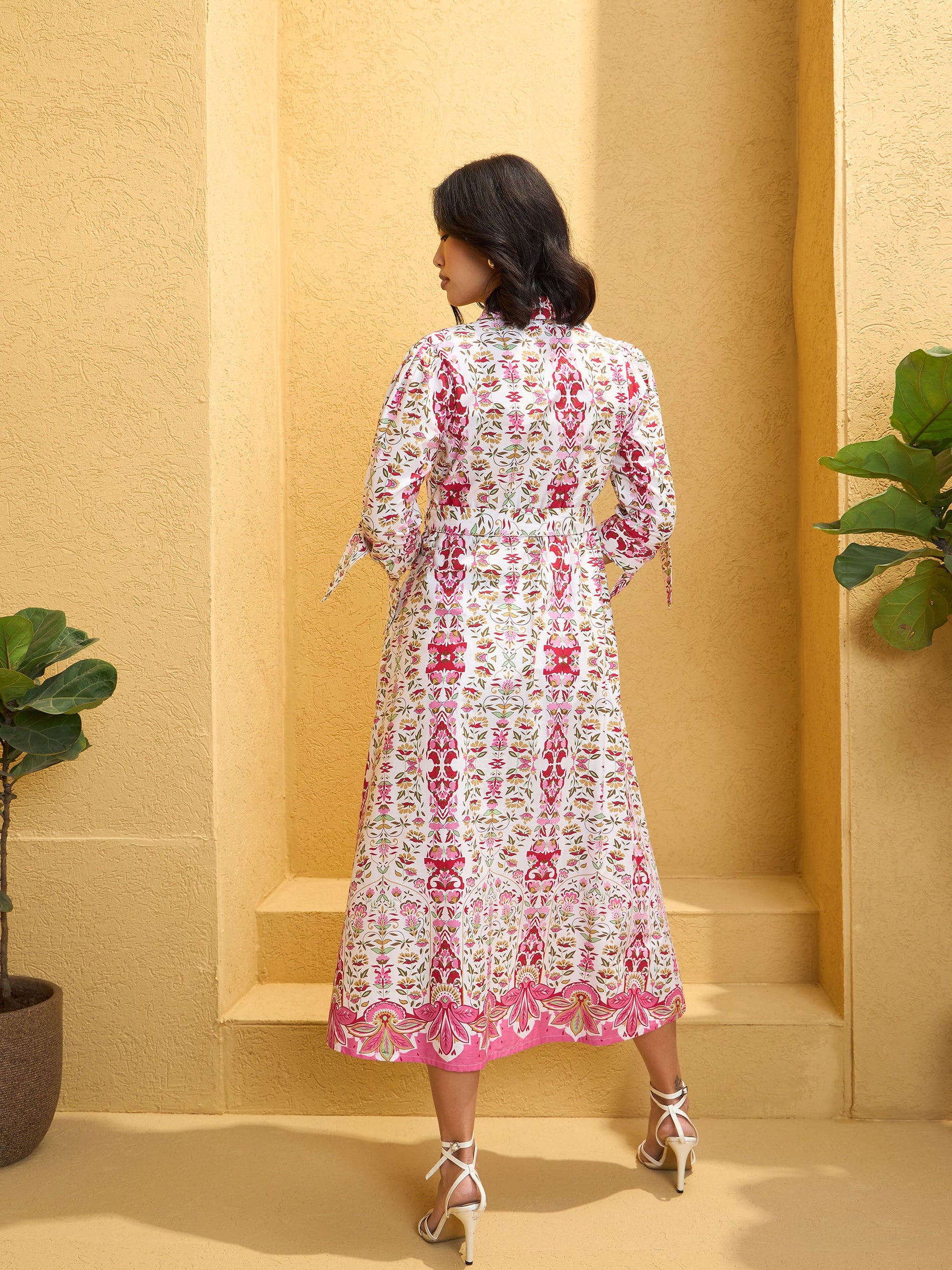 White Floral Front Button Belt Midi Dress-Pink Paprika By SASSAFRAS