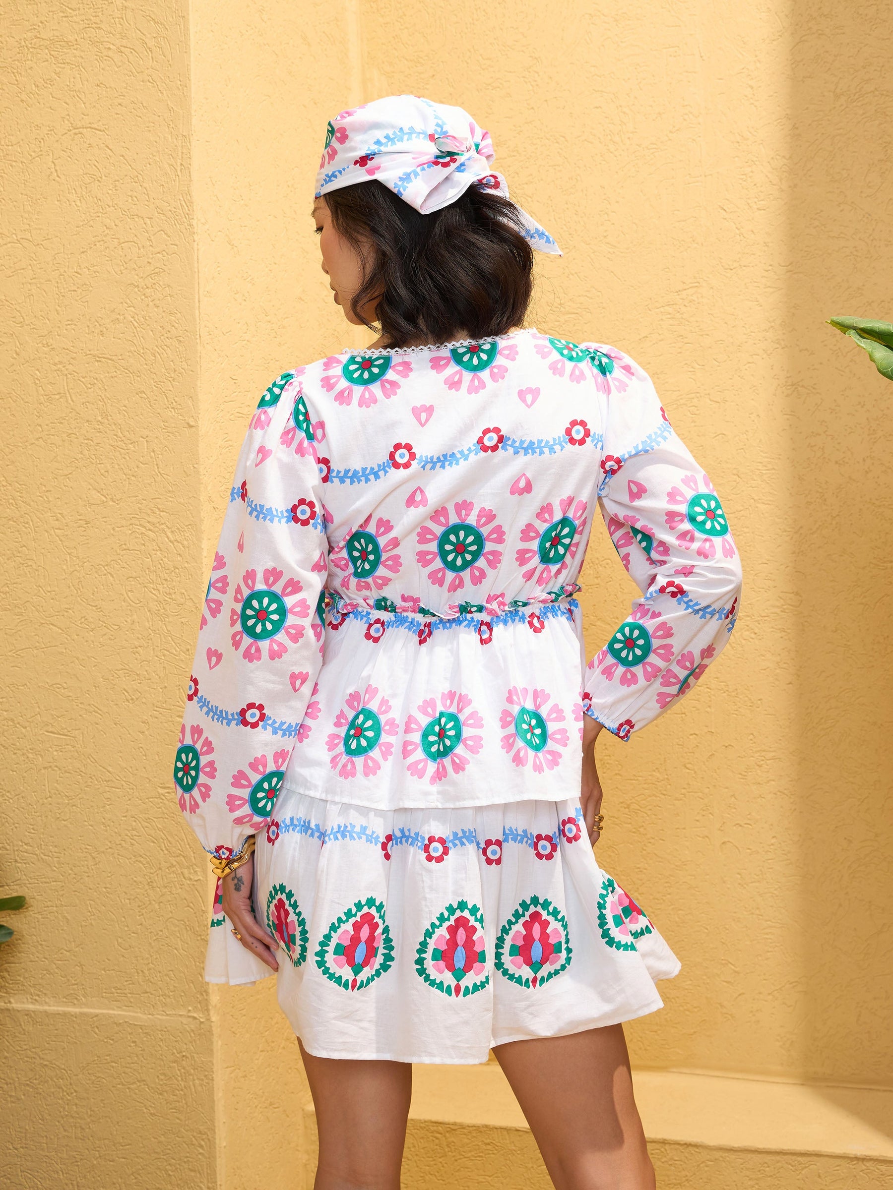 White Floral Wrap Neck Short Dress-Pink Paprika By SASSAFRAS