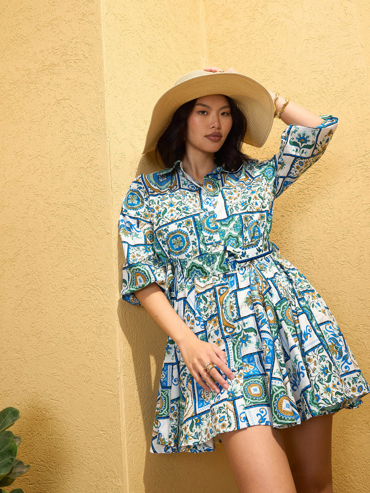 Blue & White Floral Flared Short Belt Shirt Dress-Pink Paprika By SASSAFRAS