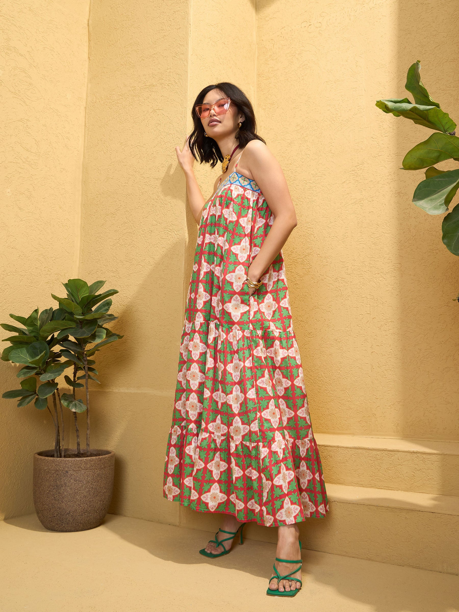 Red Floral Strappy Smocked Maxi Dress-Pink Paprika By SASSAFRAS