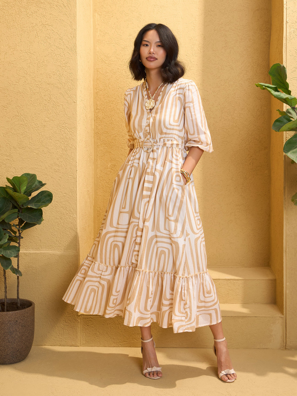 Beige & White Geometric V-Neck Belted Maxi Dress-Pink Paprika By SASSAFRAS