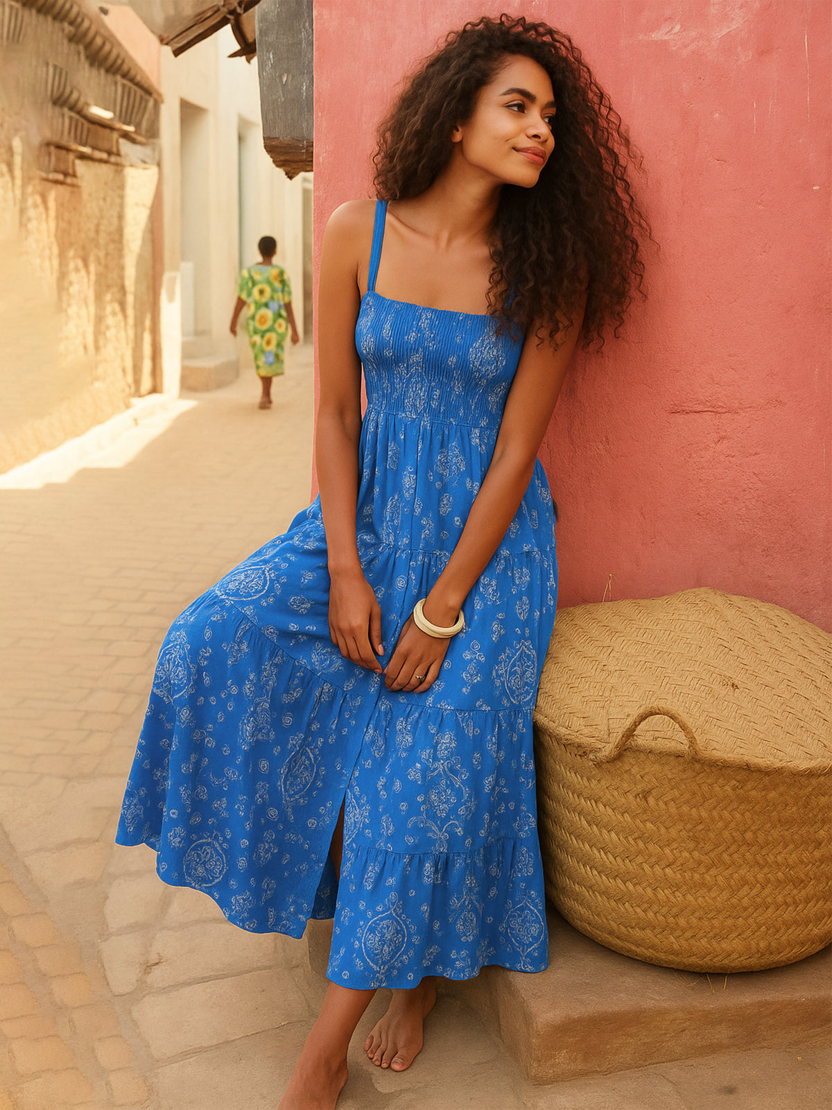 Women Blue Floral Smocked Strappy Maxi Dress