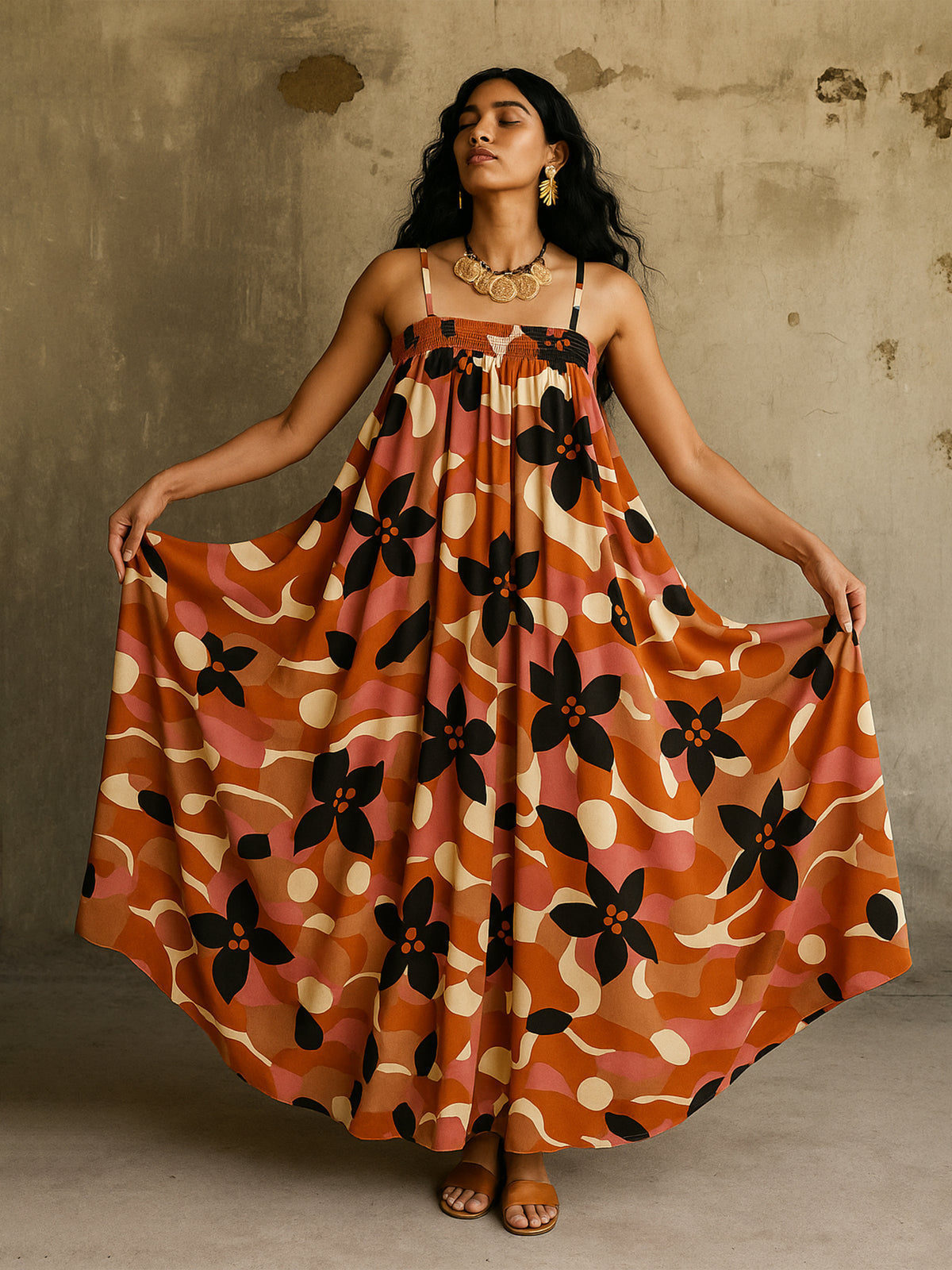 Women Brown Multi Floral Strappy Maxi Dress