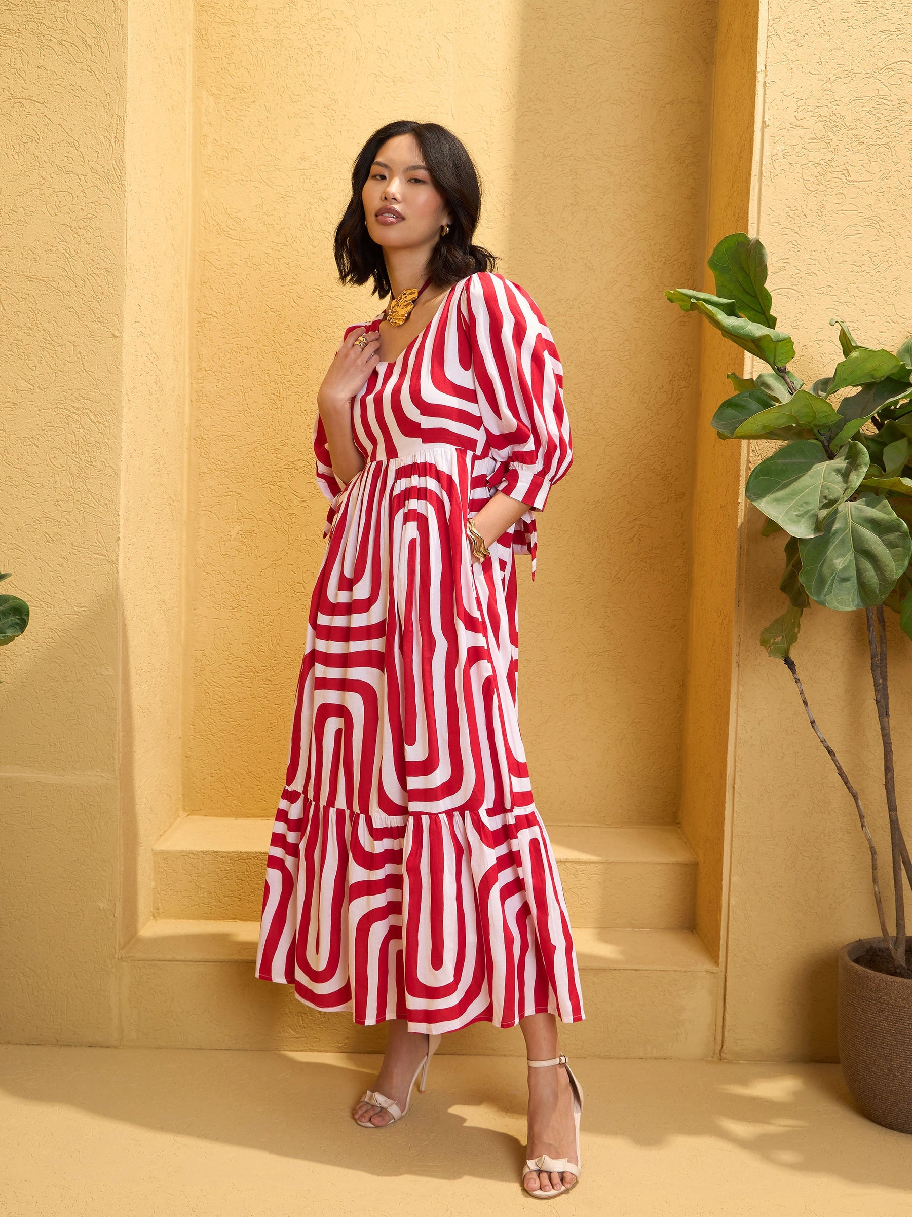 Red & White Back Cut-out Knot Maxi Dress-Pink Paprika By SASSAFRAS