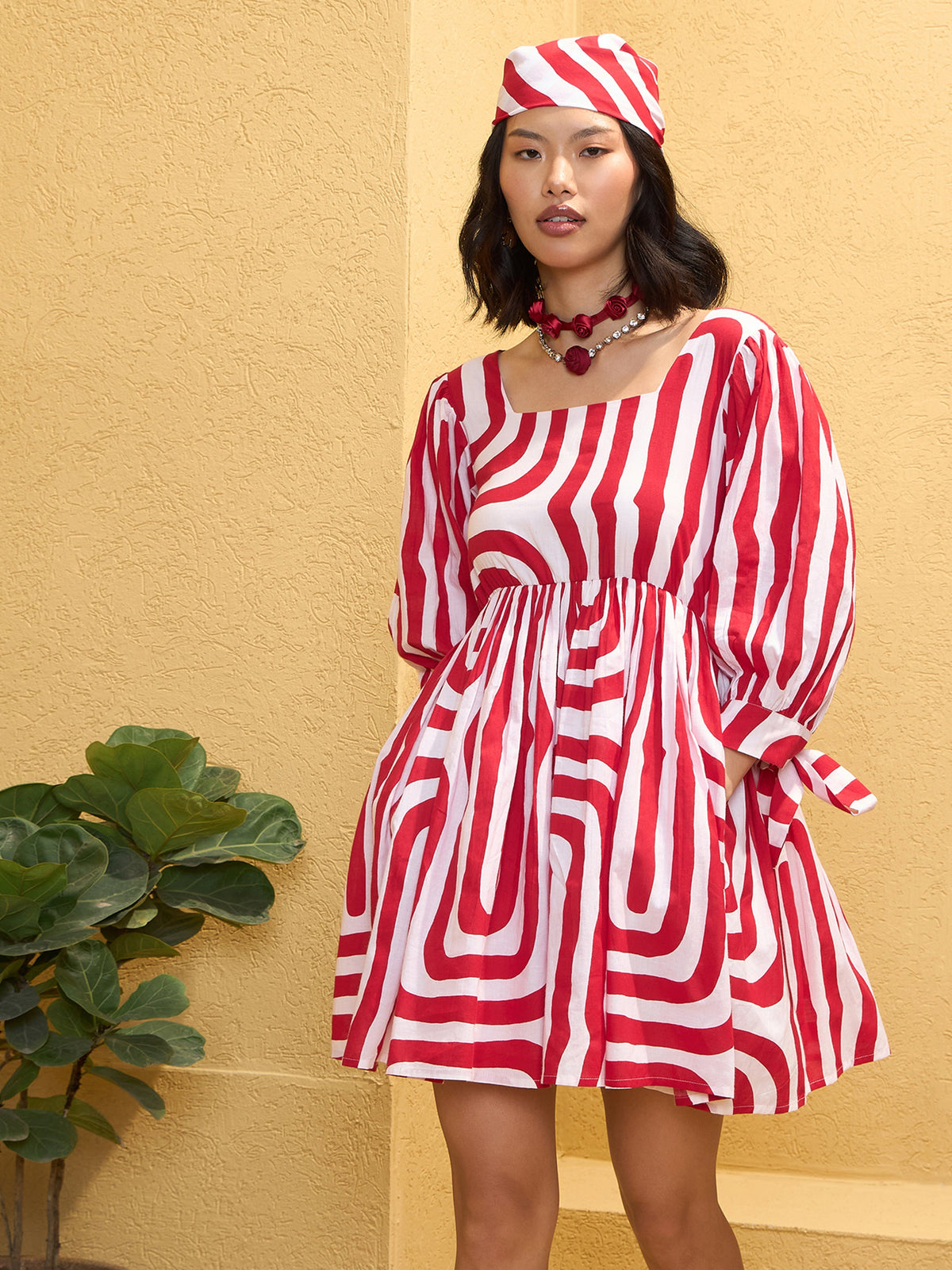 Red & White Sleeves Knot Short Dress-Pink Paprika By SASSAFRAS