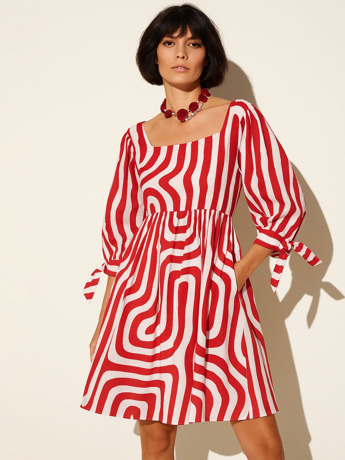 Women Red & White Sleeves Knot Short Dress