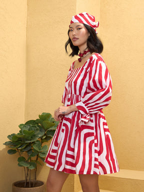 Red & White Sleeves Knot Short Dress-Pink Paprika By SASSAFRAS