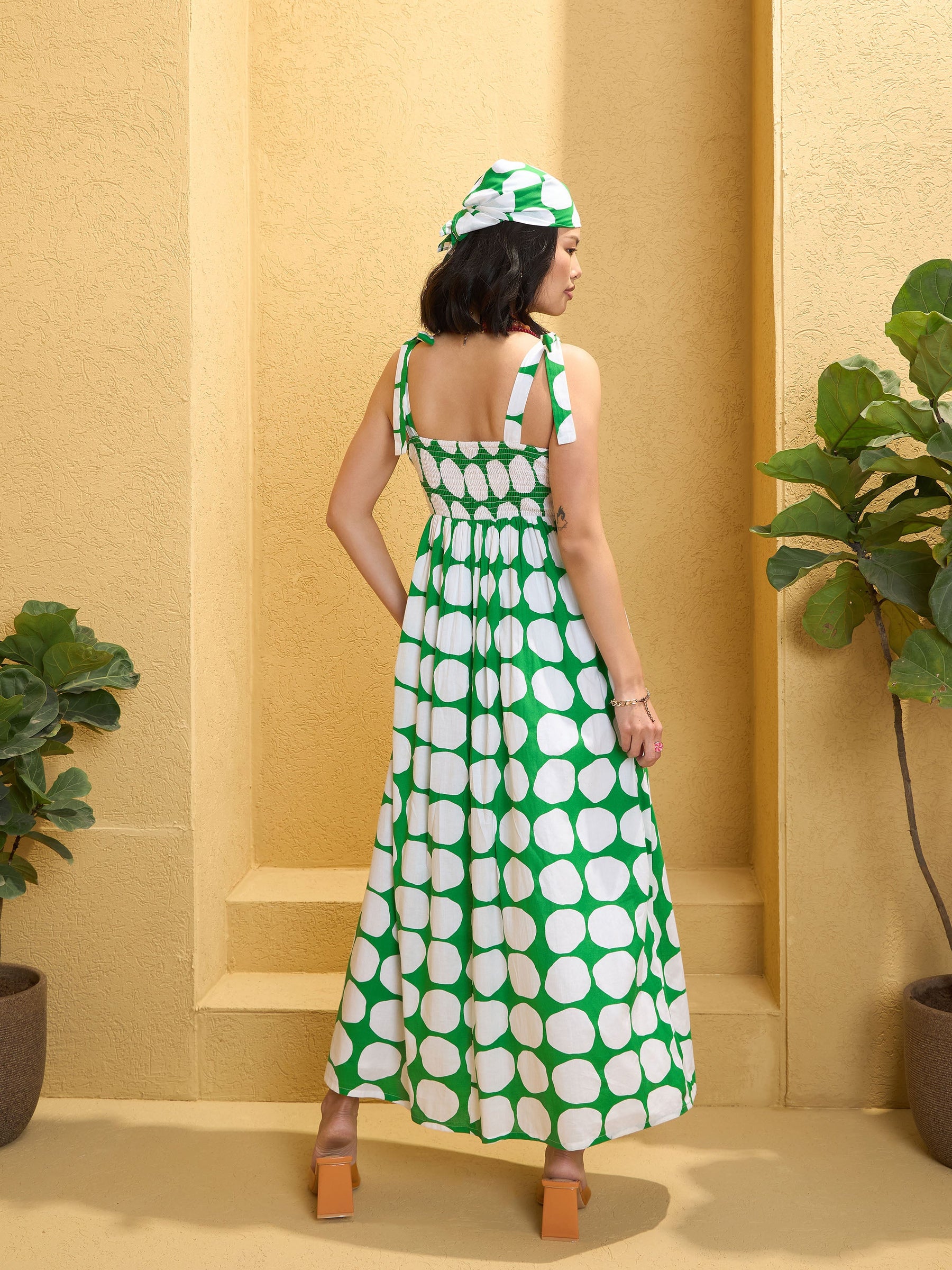 Buy Women Green Polka Dot Shoulder Knot Maxi Dress Online at Best Price - Sassafras Buy Women Green Polka Dot Shoulder Knot Maxi Dress Online at Best Price - Sassafras