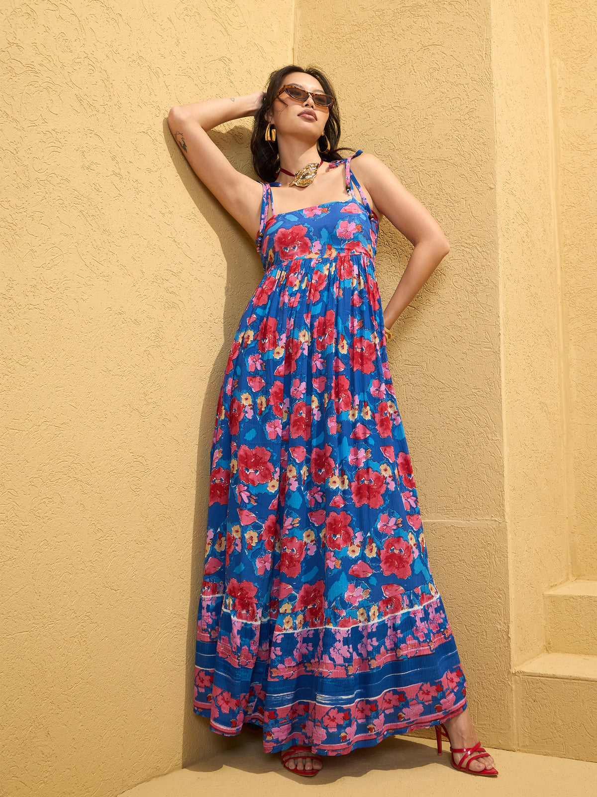 Navy Blue Floral Strappy Tie-up Maxi Dress-Pink Paprika By SASSAFRAS