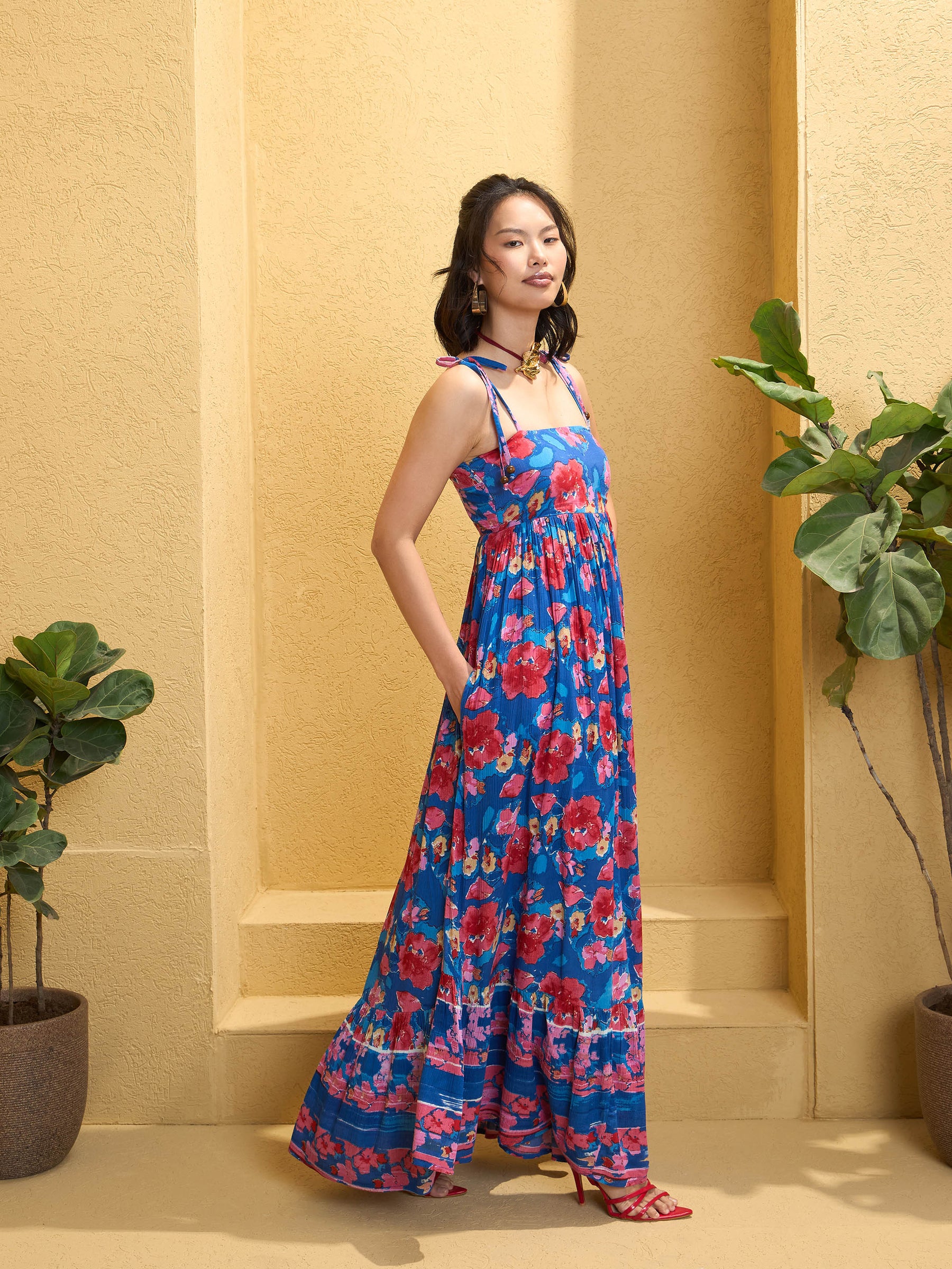 Navy Blue Floral Strappy Tie-up Maxi Dress-Pink Paprika By SASSAFRAS