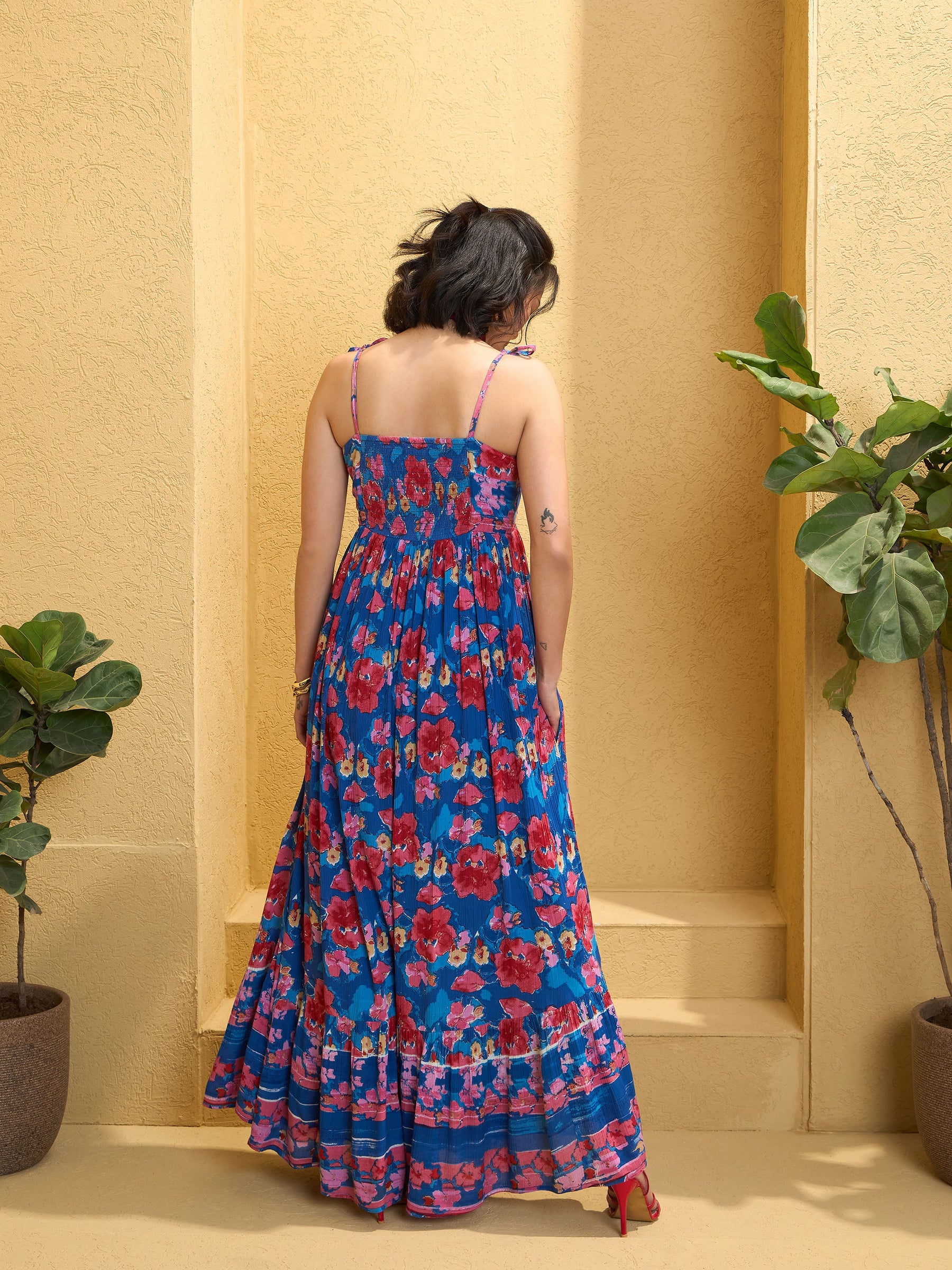 Navy Blue Floral Strappy Tie-up Maxi Dress-Pink Paprika By SASSAFRAS