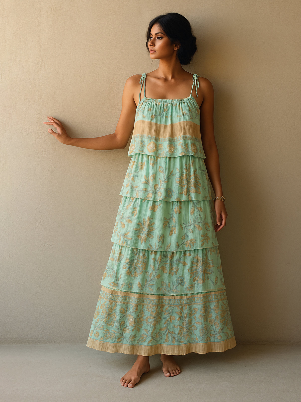 Women Turquoise Blue Frill Strappy Tie-up Tiered Maxi Dress