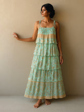 Women Turquoise Blue Frill Strappy Tie-up Tiered Maxi Dress