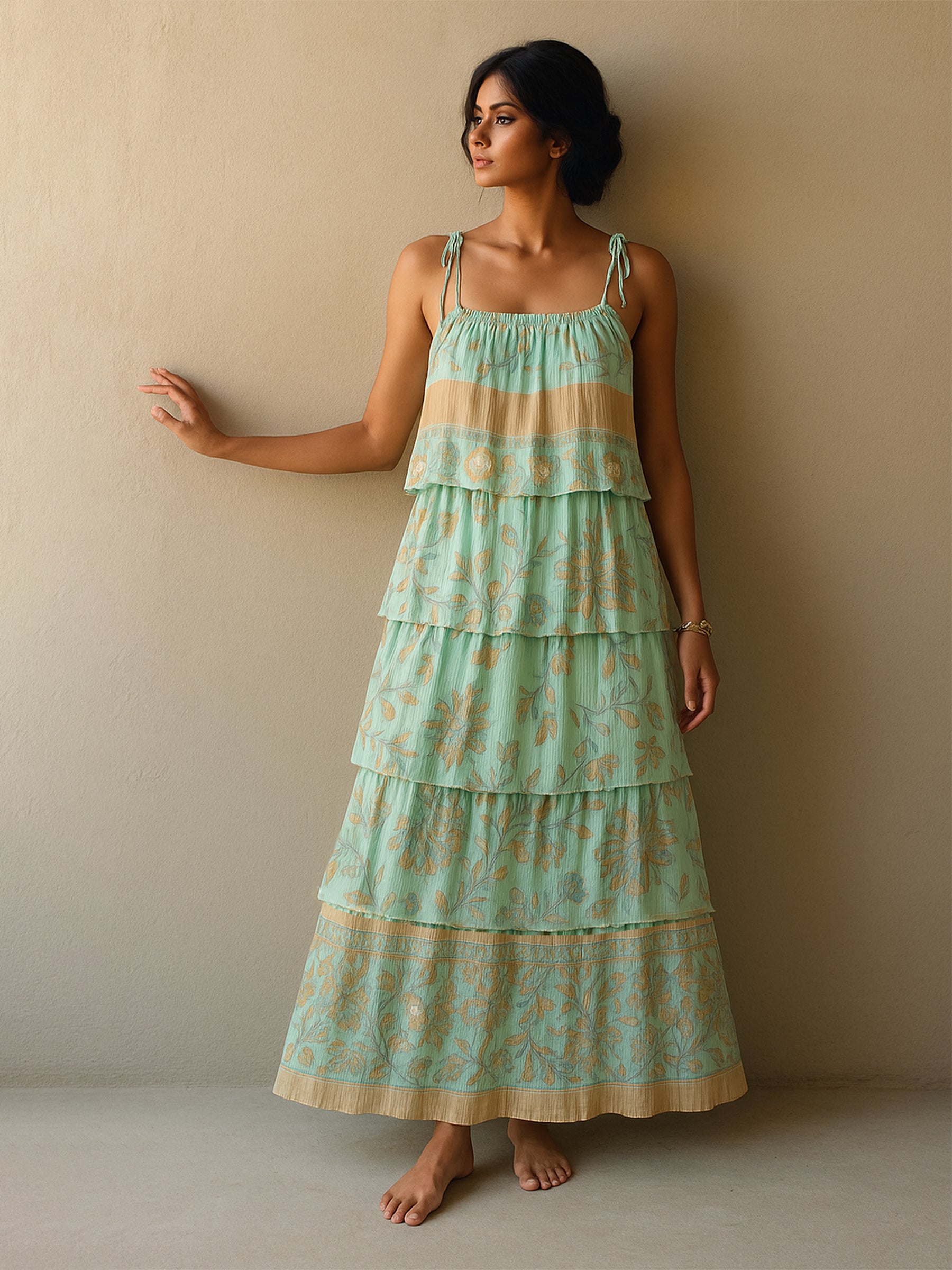 Women Turquoise Blue Frill Strappy Tie-up Tiered Maxi Dress