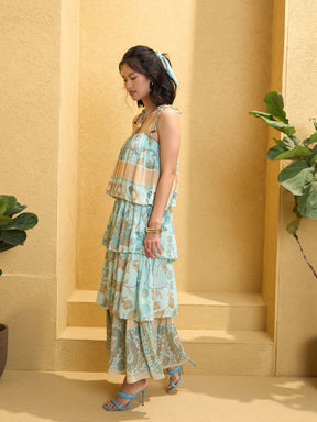 Turquoise Blue Frill Strappy Tie-up Tiered Maxi Dress-Pink Paprika By SASSAFRAS