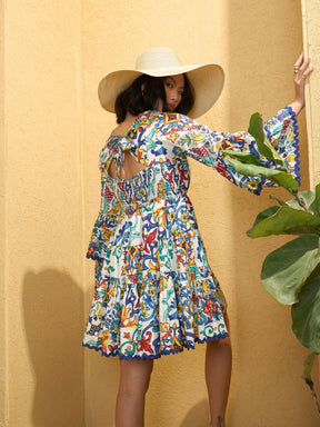 Women White Multi Floral Back Tie-Up Short Dress
