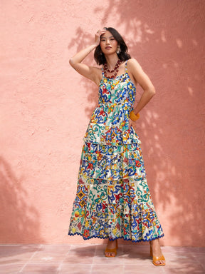 White Multi Floral Strappy Tiered Maxi Dress-Pink Paprika by SASSAFRAS