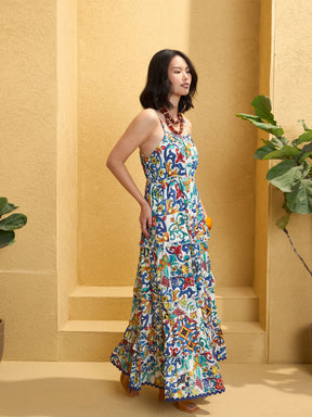 White Multi Floral Strappy Tiered Maxi Dress-Pink Paprika by SASSAFRAS