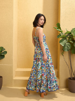White Multi Floral Strappy Tiered Maxi Dress-Pink Paprika by SASSAFRAS