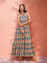 White Multi Ikat Halter Neck Maxi Dress-Pink Paprika by SASSAFRAS