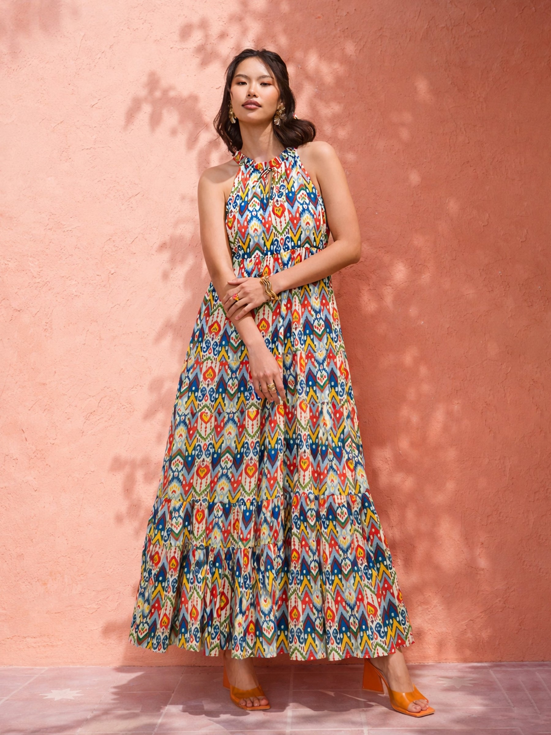 White Multi Ikat Halter Neck Maxi Dress-Pink Paprika by SASSAFRAS