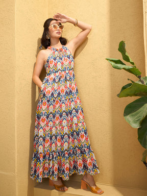 White Multi Ikat Halter Neck Maxi Dress-Pink Paprika by SASSAFRAS