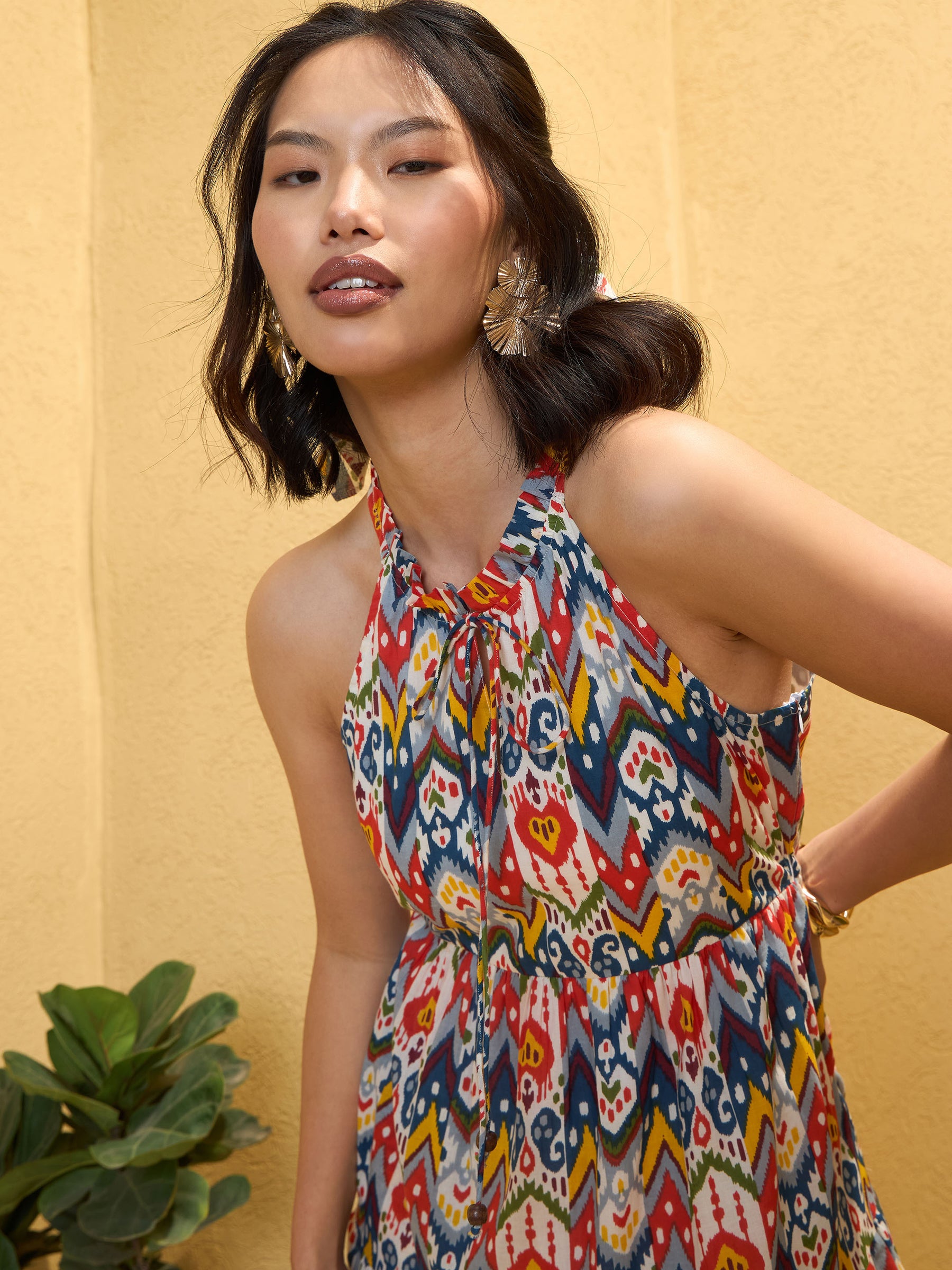 White Multi Ikat Halter Neck Maxi Dress-Pink Paprika by SASSAFRAS