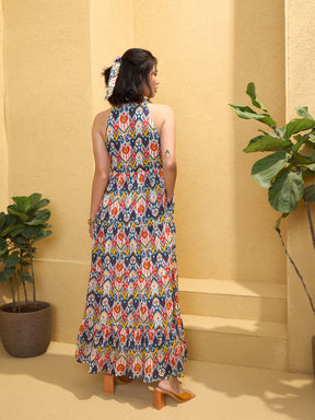 White Multi Ikat Halter Neck Maxi Dress-Pink Paprika by SASSAFRAS