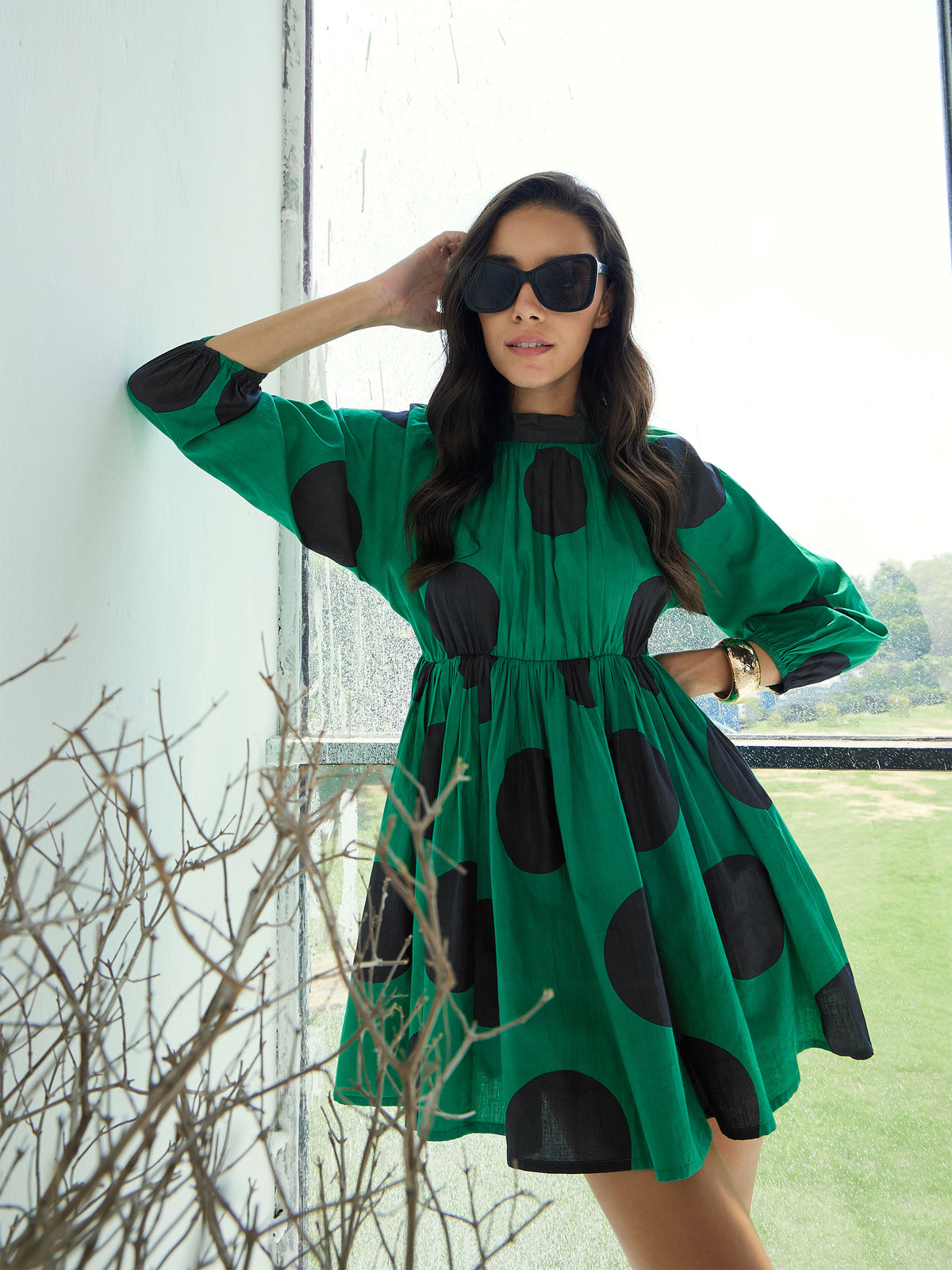 Women Green Back Cut-Out Polka Dot Dress